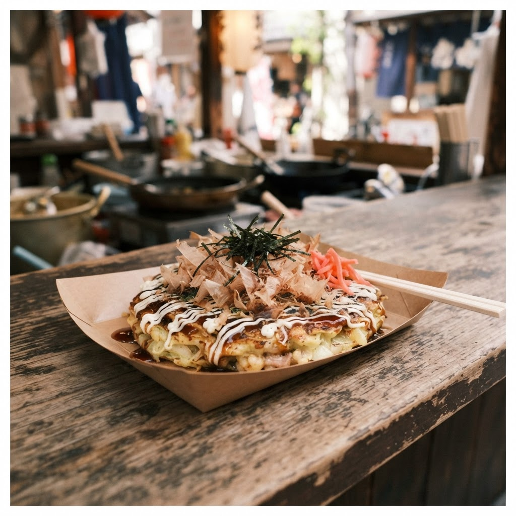Plated okonomiyaki topped with sauce, mayonnaise, bonito flakes, nori and pickled ginger
