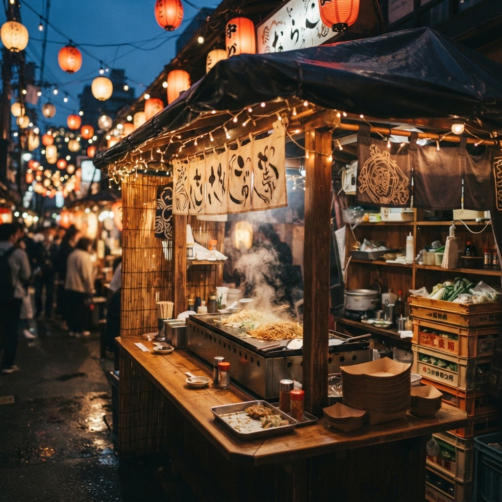 Warm string lights and lanterns at a Japanese night market food stall with a teppan grill